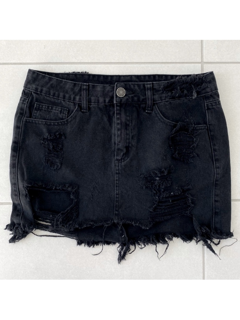 Litz Black Distressed Denim Mini Skirt – High‑Rise Stretch | Approx Size M